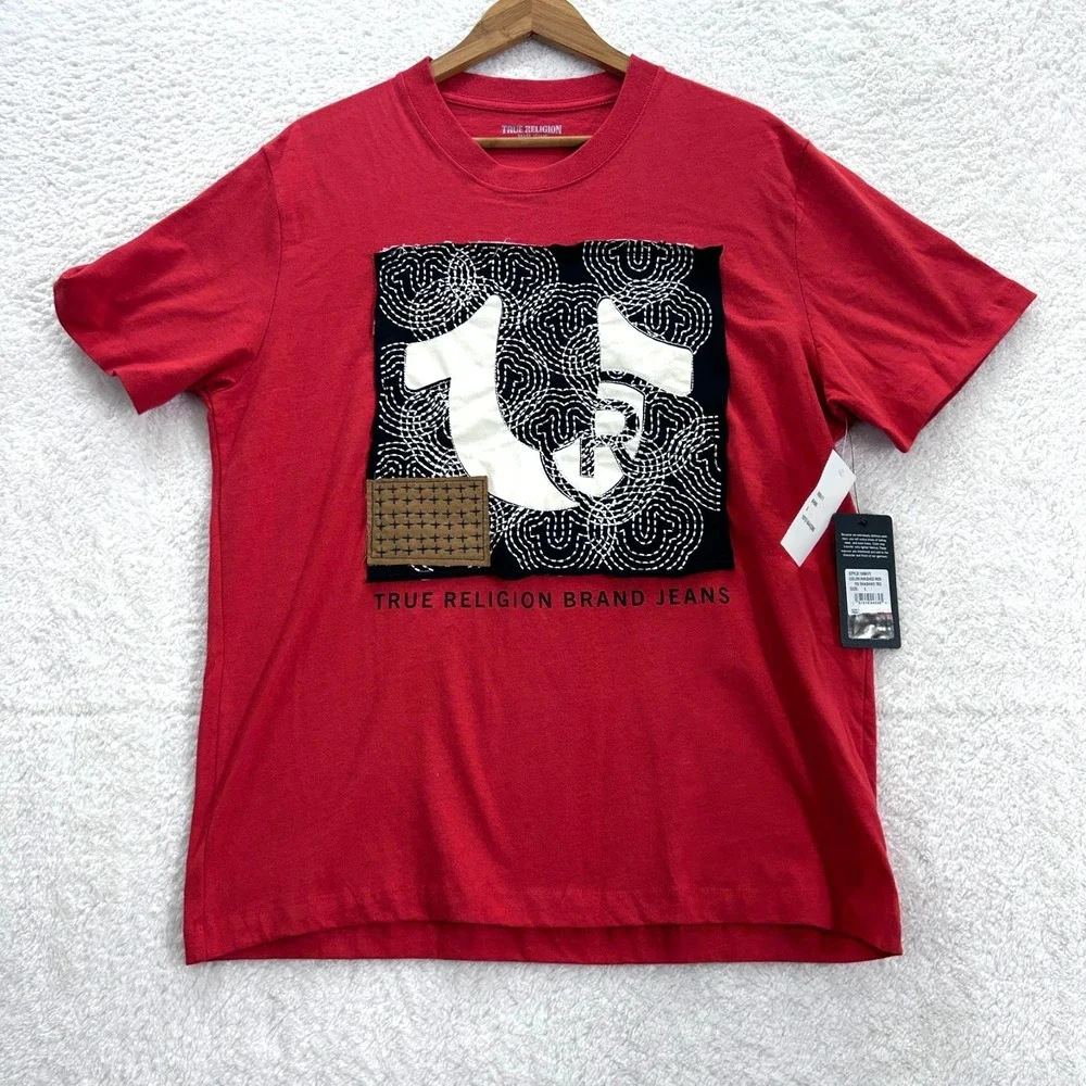 New True‎ Religion Tee Men's Large Red Sashiko  Crewneck Graphic